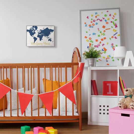 Stupell Industries He's Going Places Blue World Map Wall Accent with Gray Frame